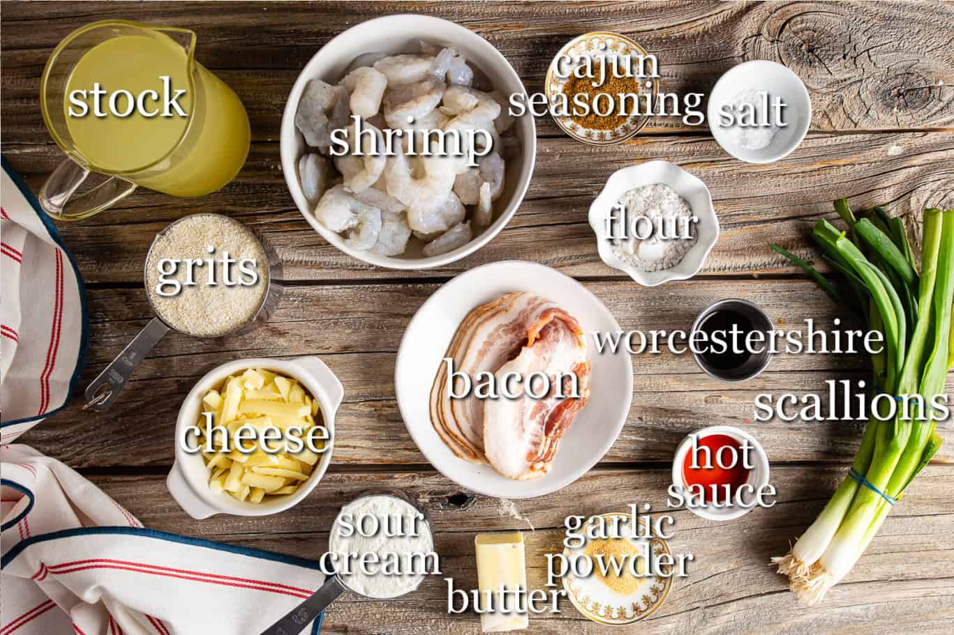 Ingredients for making shrimp and grits, with text labels.