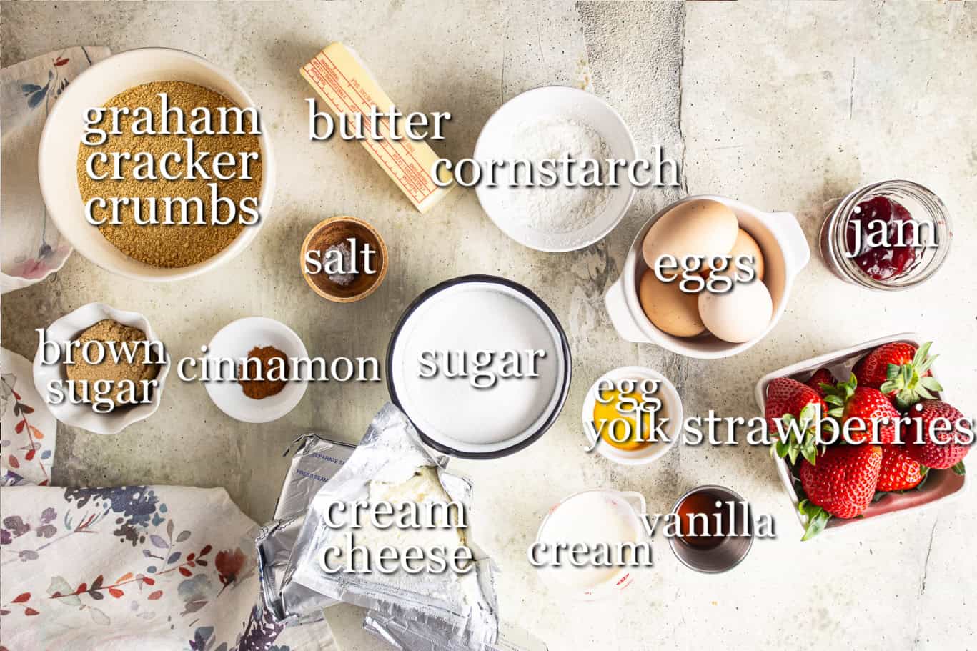 Ingredients for making strawberry cheesecake, with text labels.
