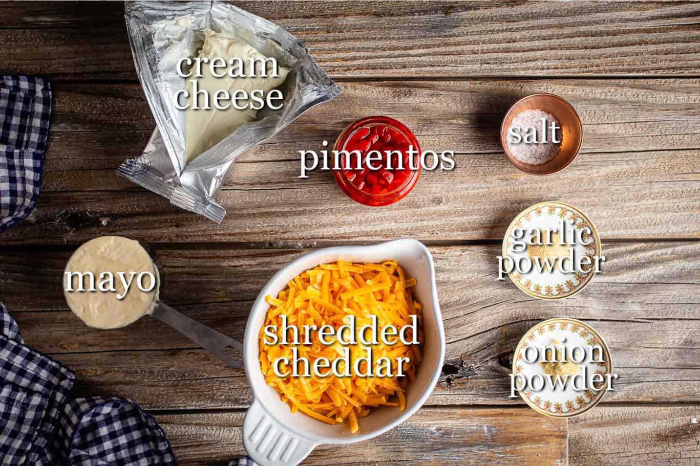 Ingredients for making pimento cheese, with text labels.