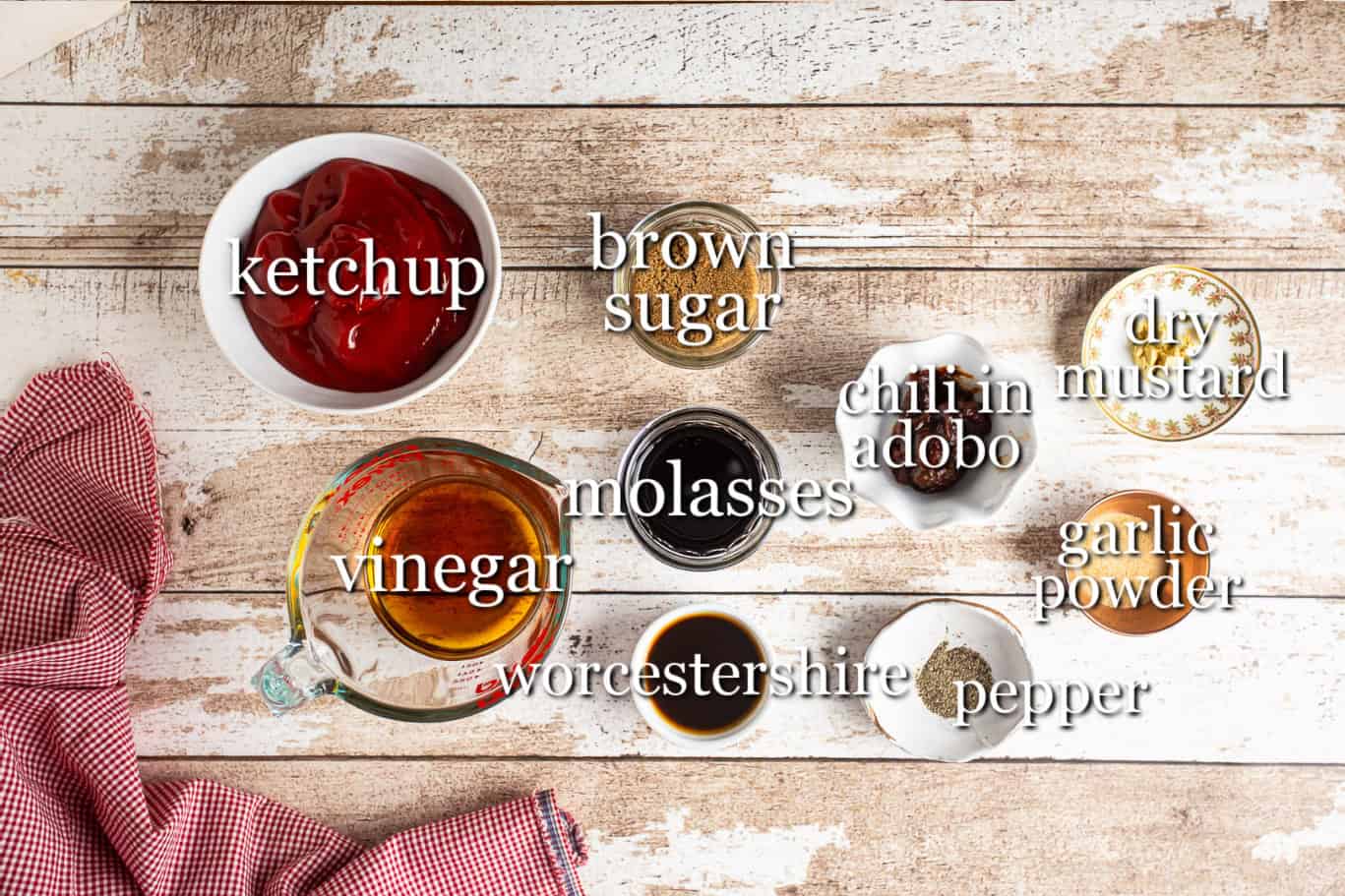 Ingredients for making barbecue sauce, with text labels.