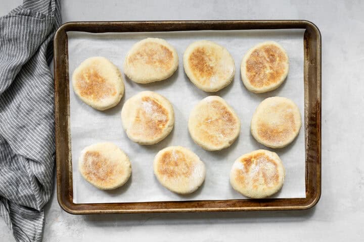 English muffins after browning each side in a non-stick skillet