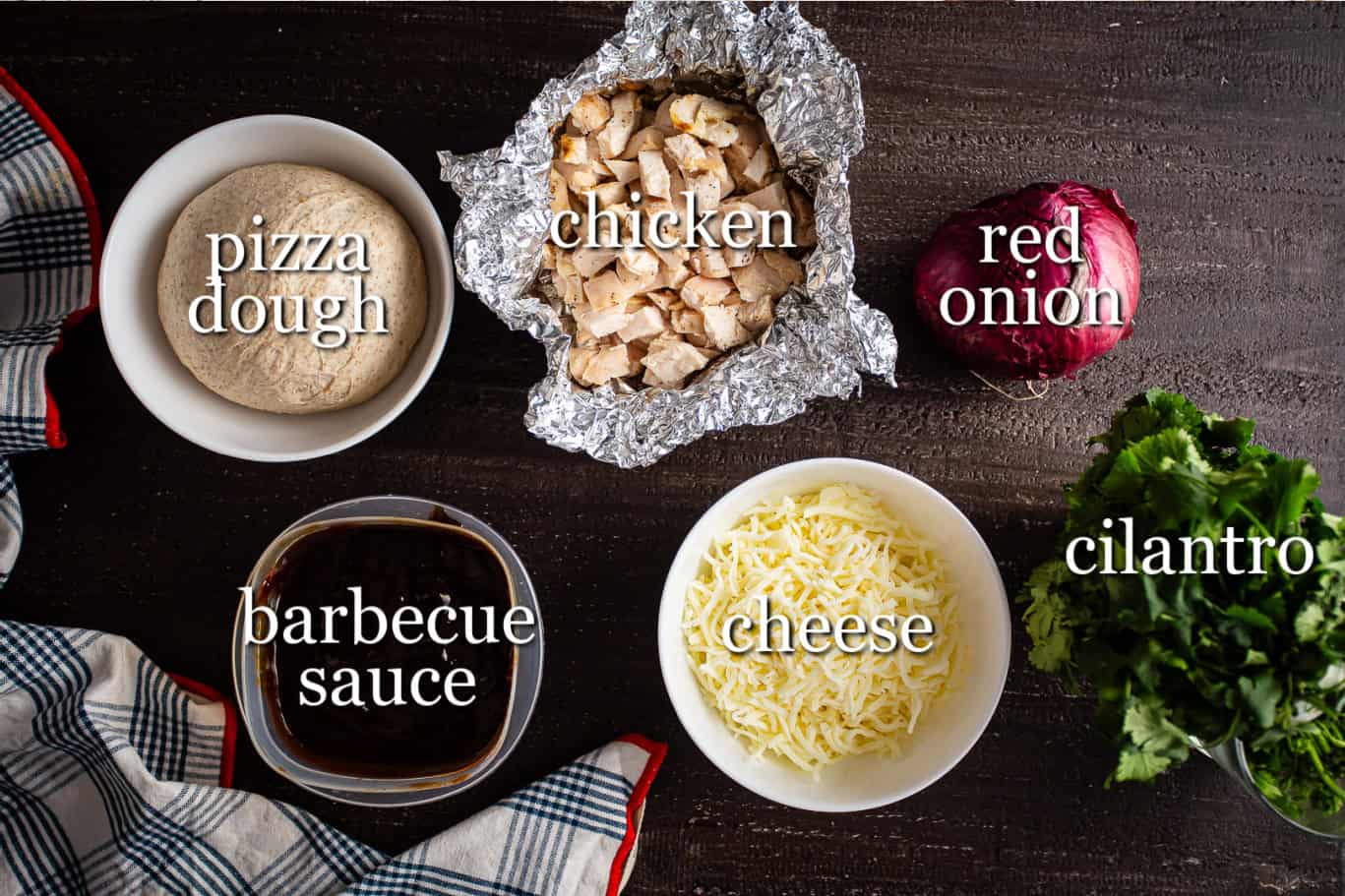 Ingredients for making barbecue chicken pizza, with text labels.