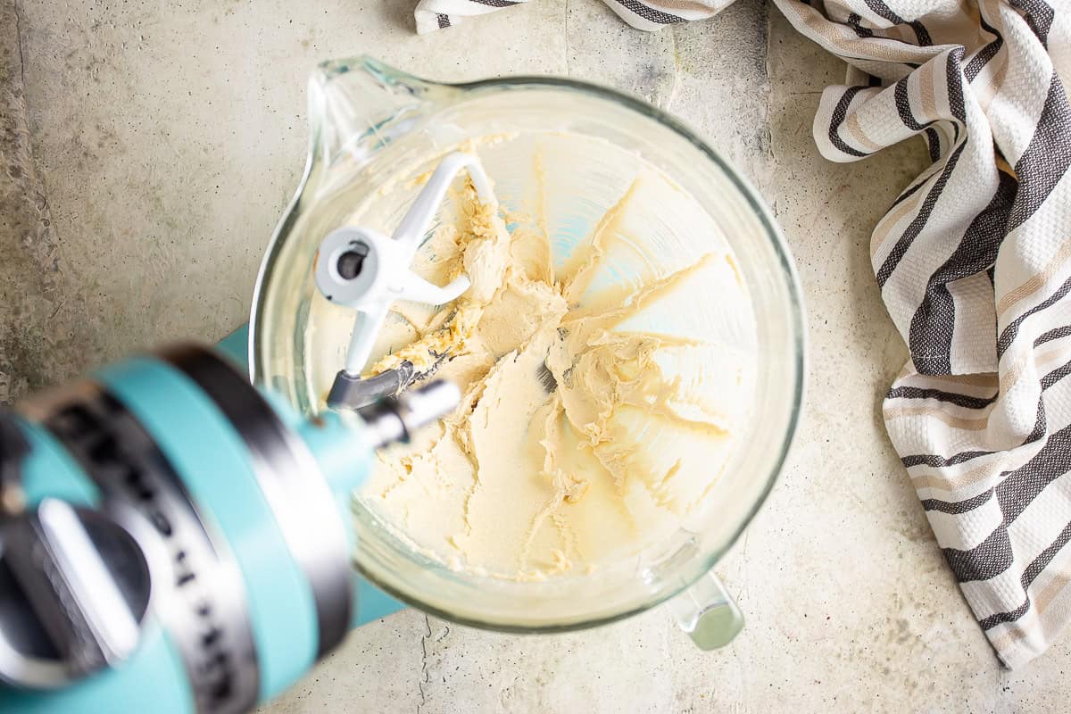 Butter, brown sugar, white sugar, and vanilla creamed together in a stand mixer.