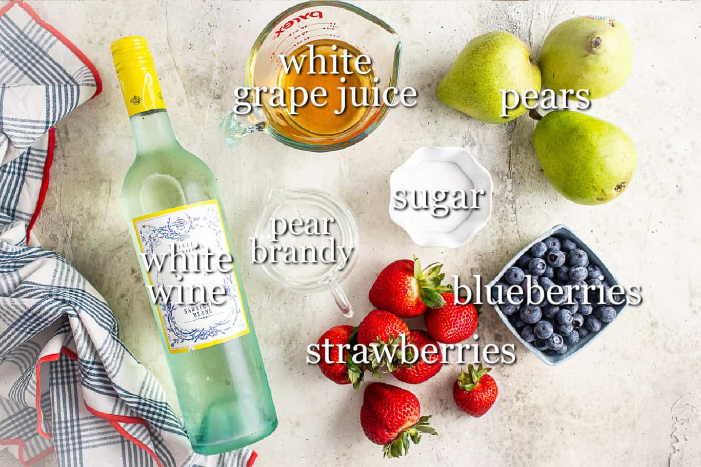 Ingredients for making white sangria, with text labels.