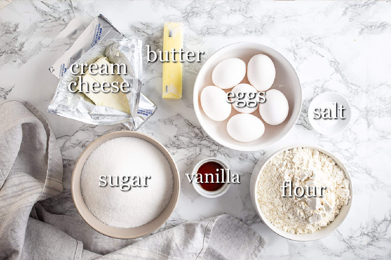 Ingredients for making cream cheese pound cake, with text labels.