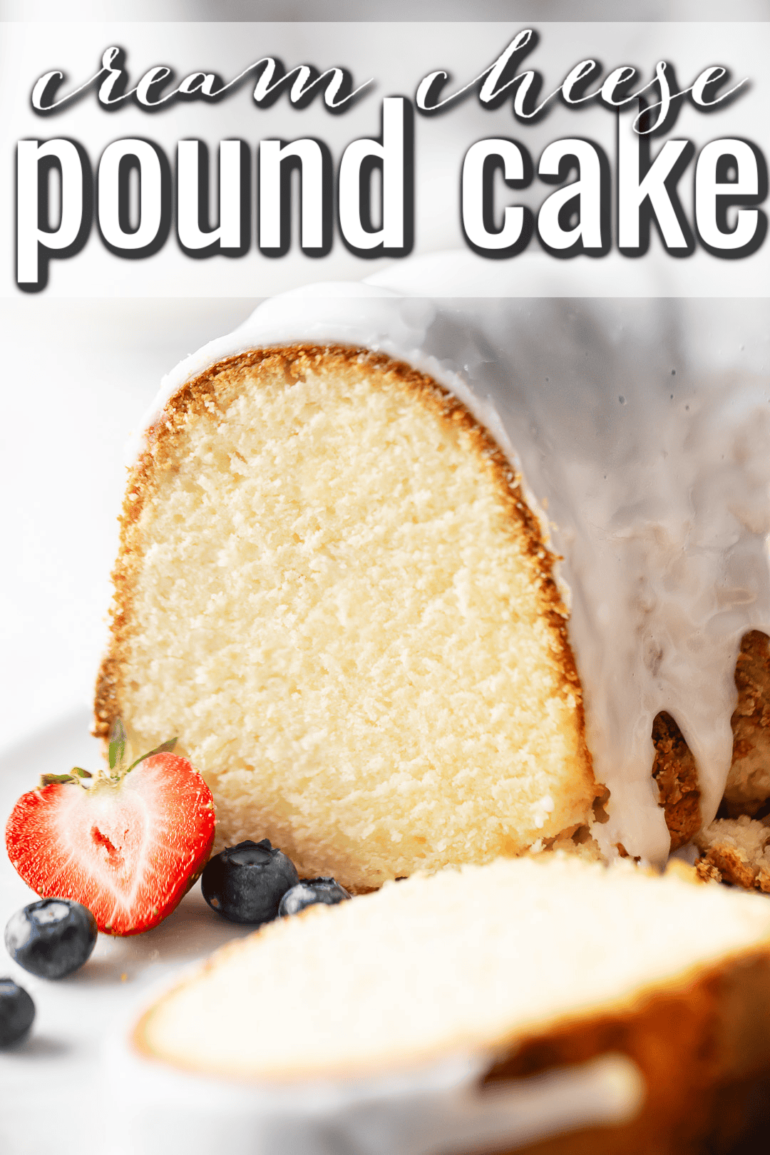Cut end of a cream cheese pound cake bundt displaying the fine, even crumb.