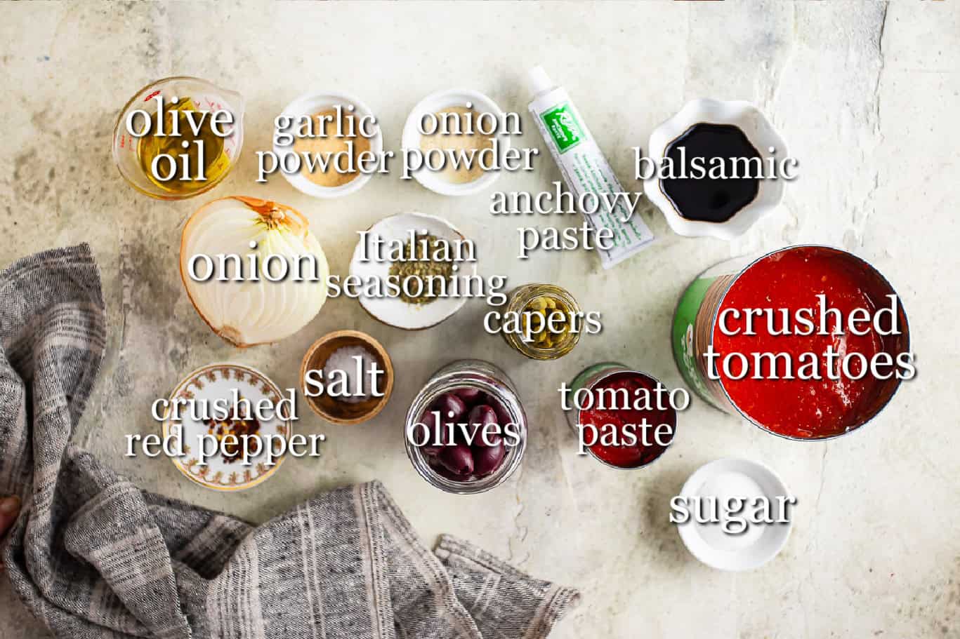 Ingredients for making puttanesca sauce, with text labels.