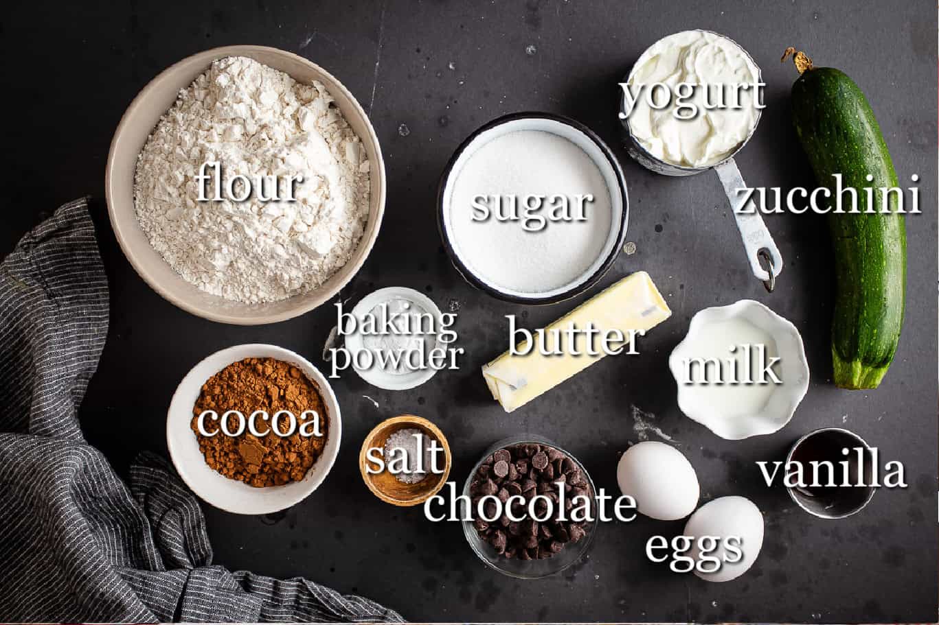 Ingredients for making chocolate zucchini muffins, with text labels.