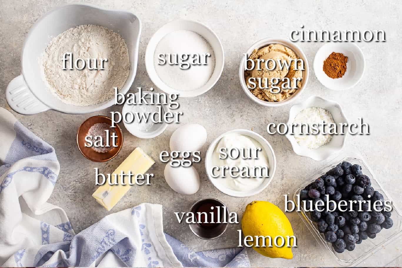 Ingredients for making blueberry buckle, with text labels.
