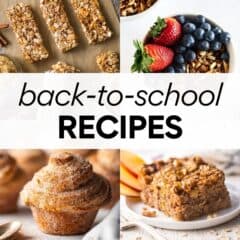 square collage of breakfast recipes with overlay text "back-to-school breakfast recipes".