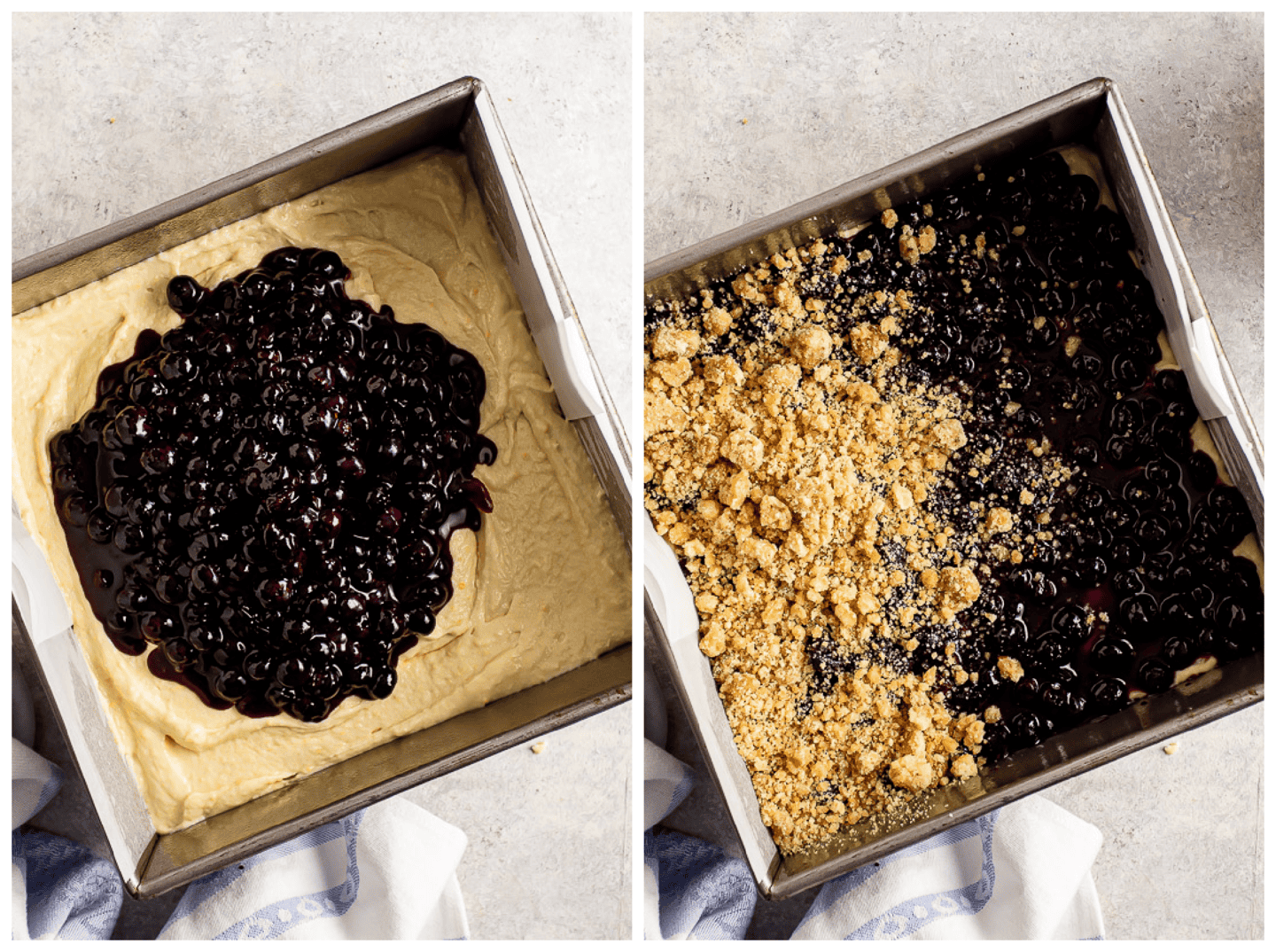 Image collage showing blueberry filling layered over cake batter and topped with streusel.
