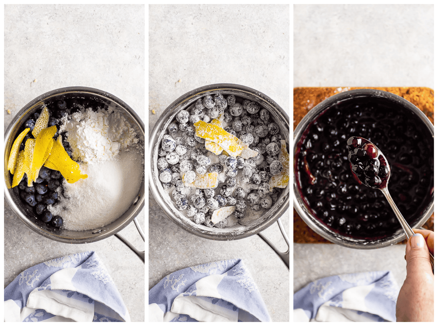 Image collage showing the steps to make blueberry filling.
