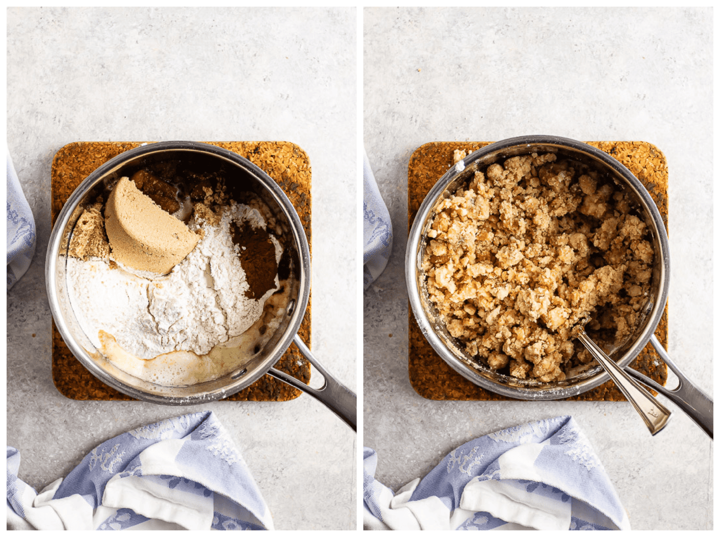 Image collage showing how to make crumb topping.