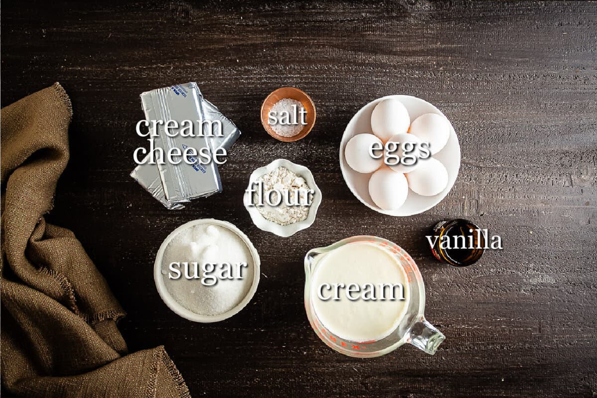 Ingredients for Basque cheesecake in separate containers.