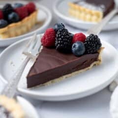 slice of chocolate tart on a plate with a fork