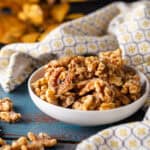 Candied walnuts in a white bowl