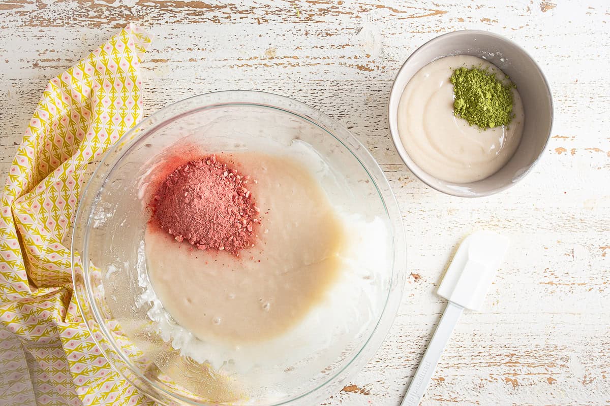 Dividing strawberry matcha loaf batter to flavor.
