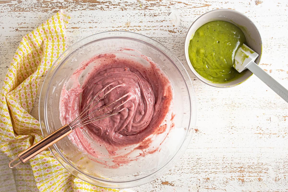 Strawberry and matcha batter after being mixed.