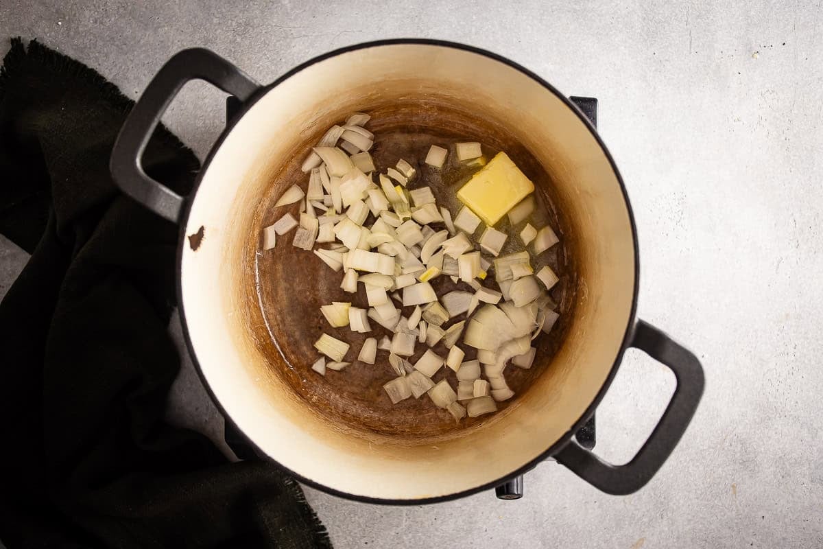 Sauteing onion in butter for cauliflower soup.