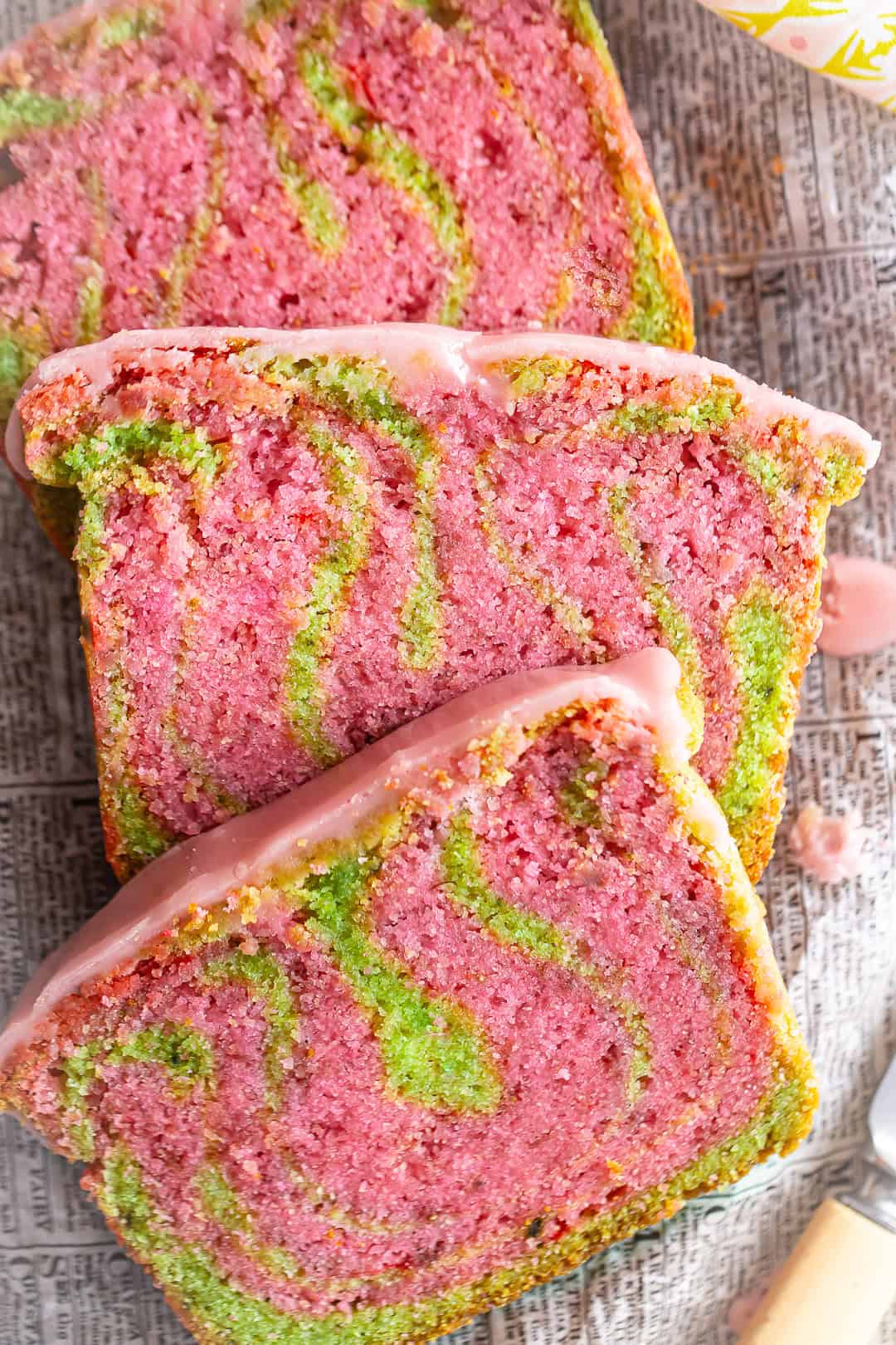 Strawberry Matcha loaf slices showing their beautiful swirls.