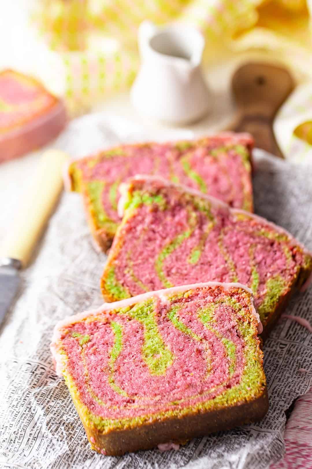 Strawberry Matcha Loaf slices on a platter.