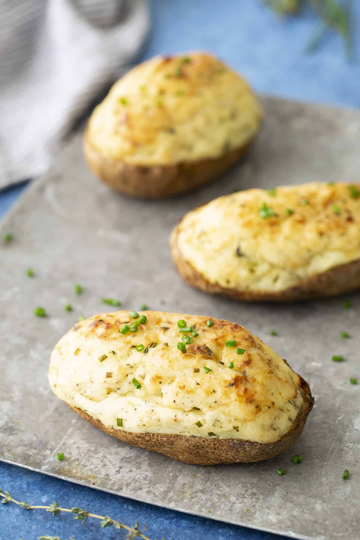 Twice-baked potatoes on a sheet pan