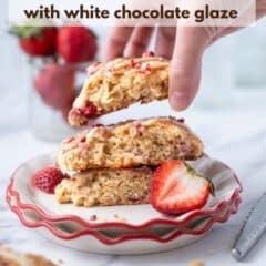 hand grabbing a scone from a plate with text overlay