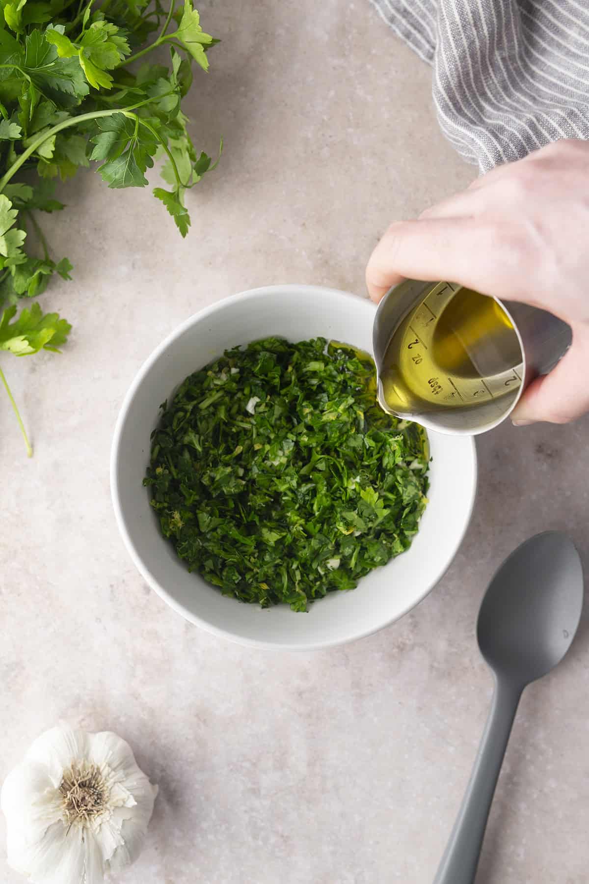 Olive oil added to bowl