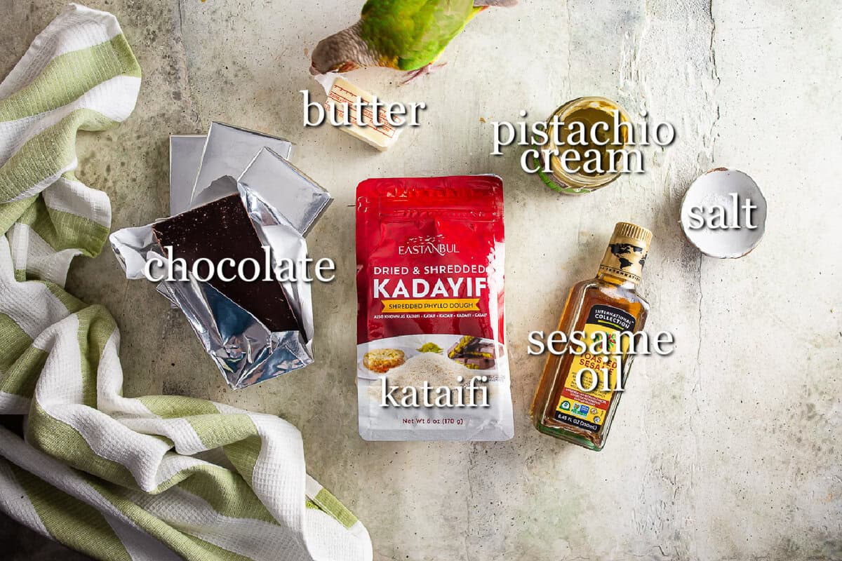 Ingredients for Dubai chocolate in separate containers.