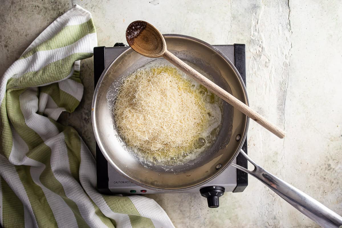 Butter and kataifi in a pan while making Dubai chocolate.