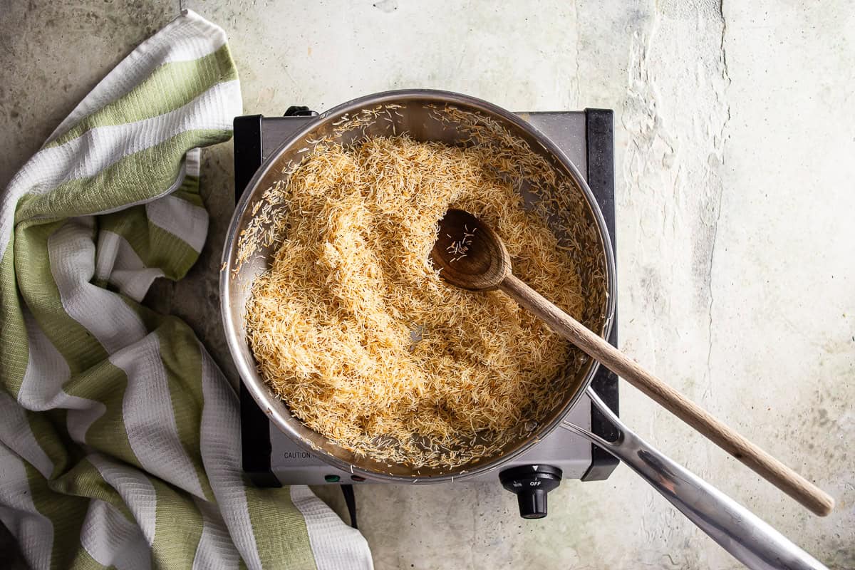 Toasting kataifi in a skillet for dubai chocolate.