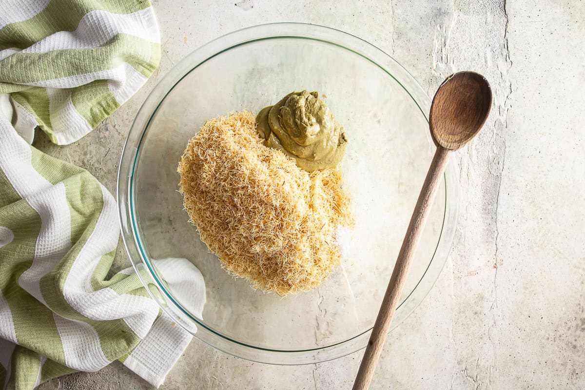 Mixing filling ingredients together for Dubai chocolate.