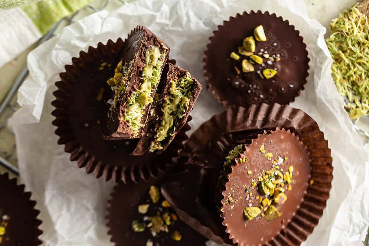 Dubai chocolates on a white parchment background.