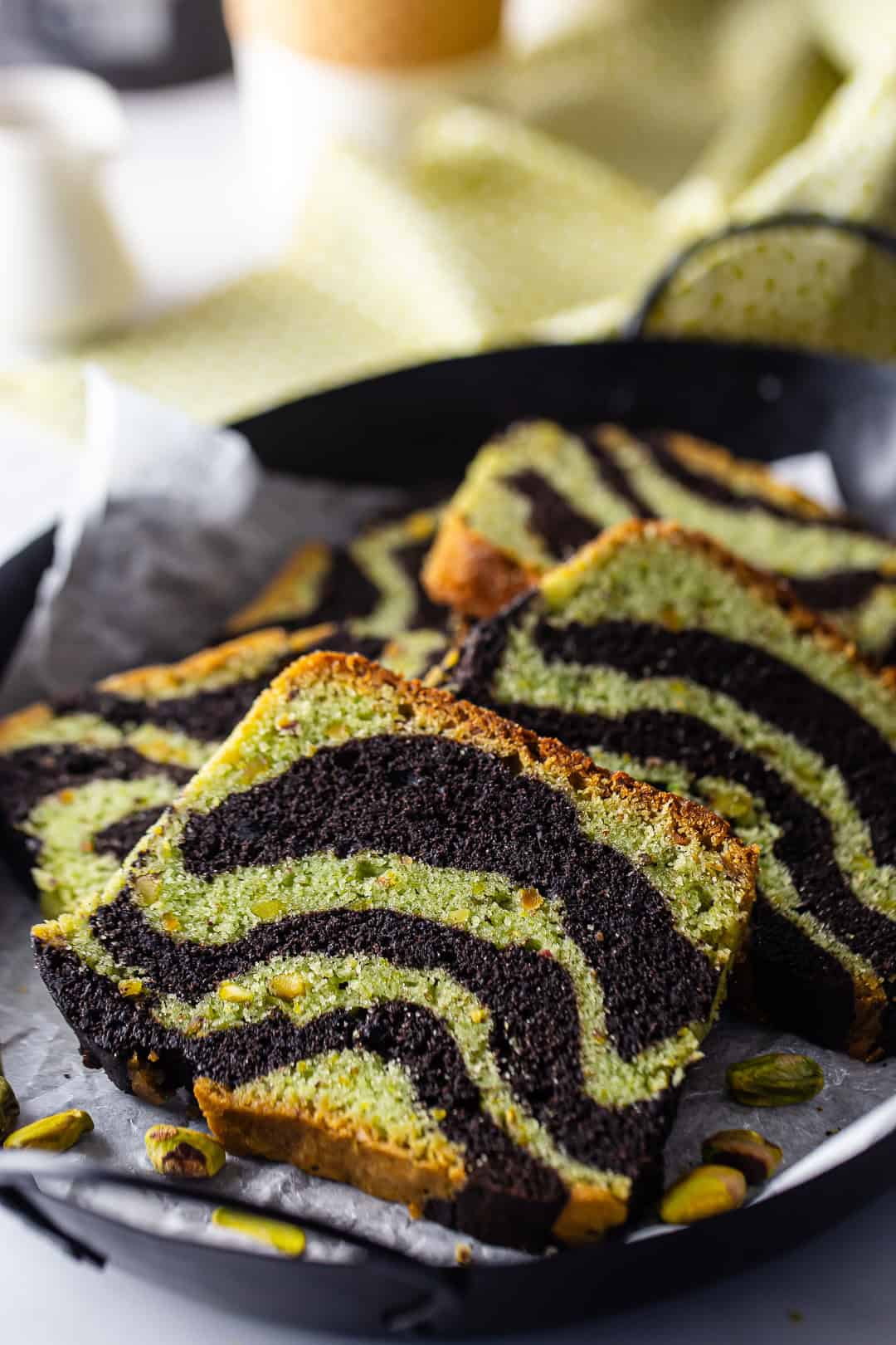 Pistachio Chocolate loaf cut into slices.