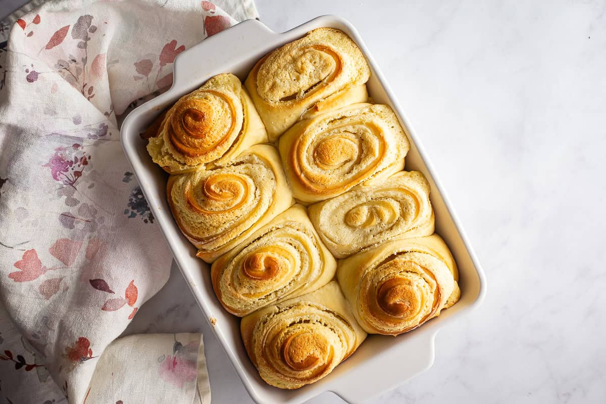 Baked almond rolls before cooling and icing.