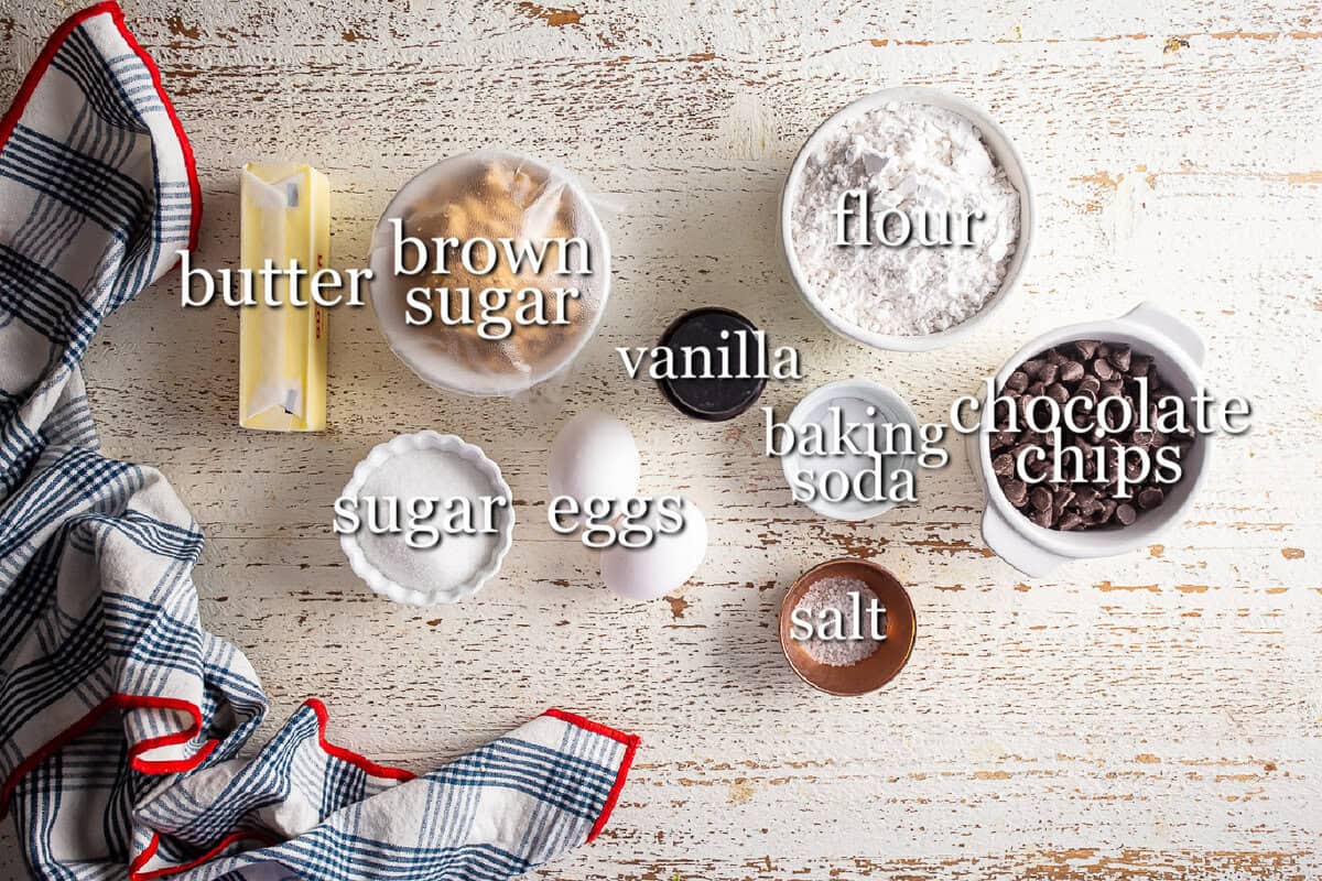 Ingredients for brown butter chocolate chip cookies in separate containers.