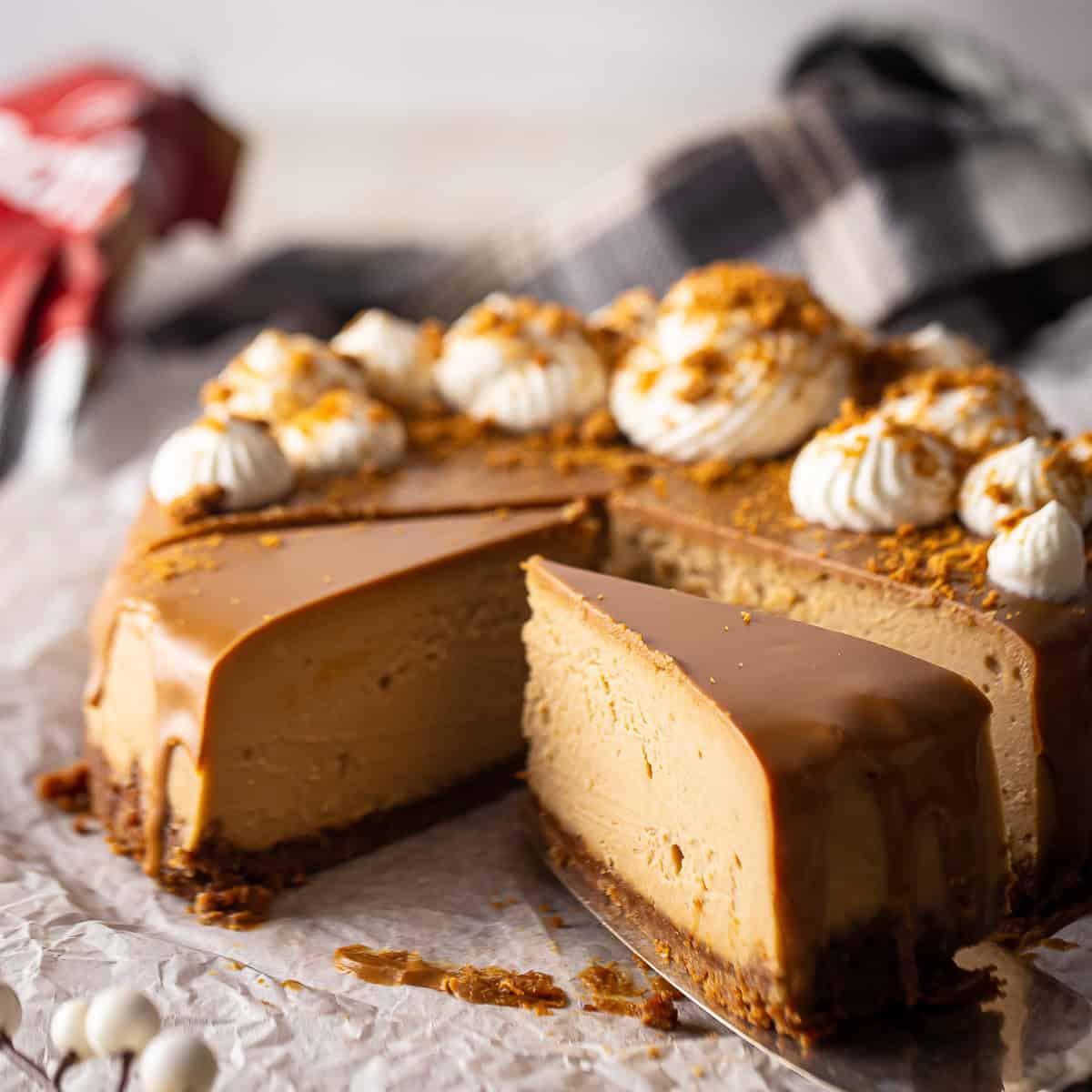 Biscoff cheesecake after being sliced.