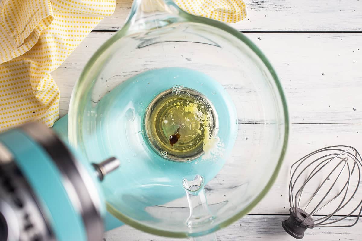 Egg whites, vanilla, and salt in a mixer for meringue.