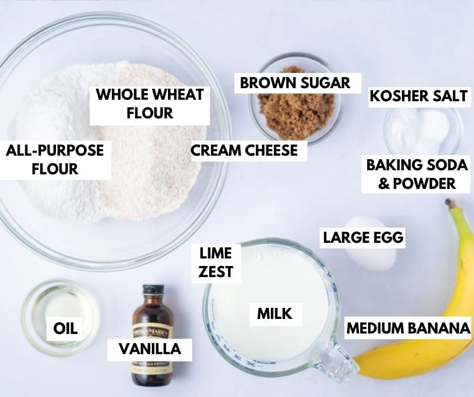 ingredients needed for banana pancakes with text overly