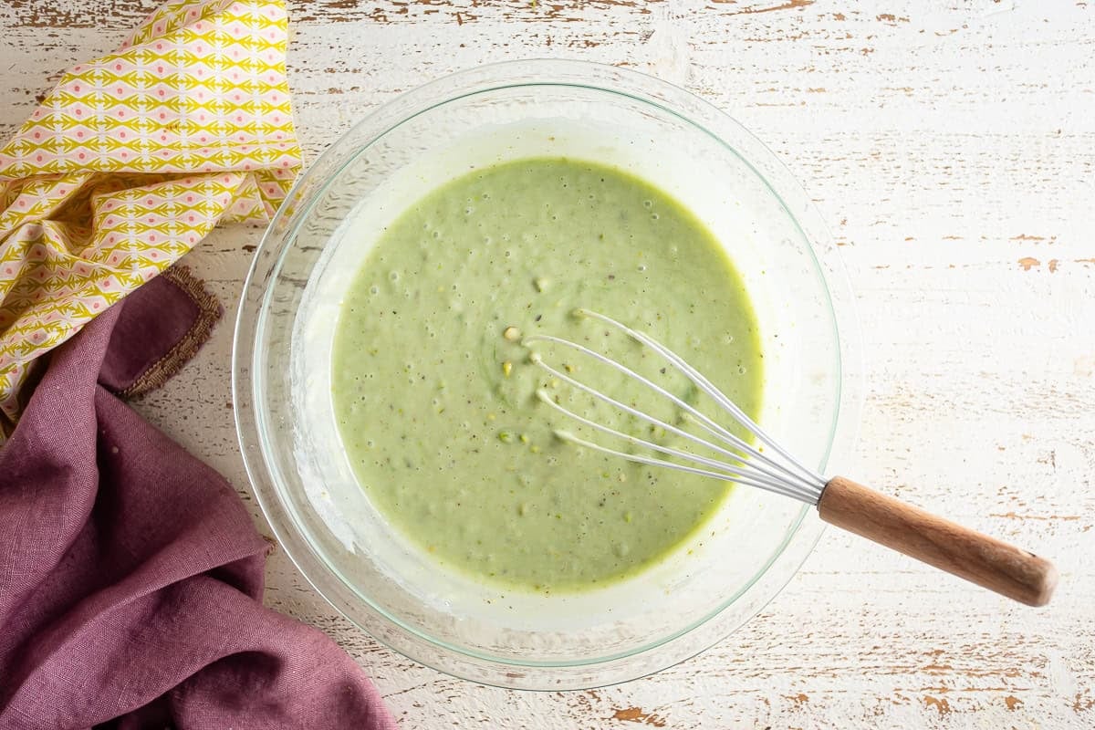 Pistachio cake batter after being mixed.