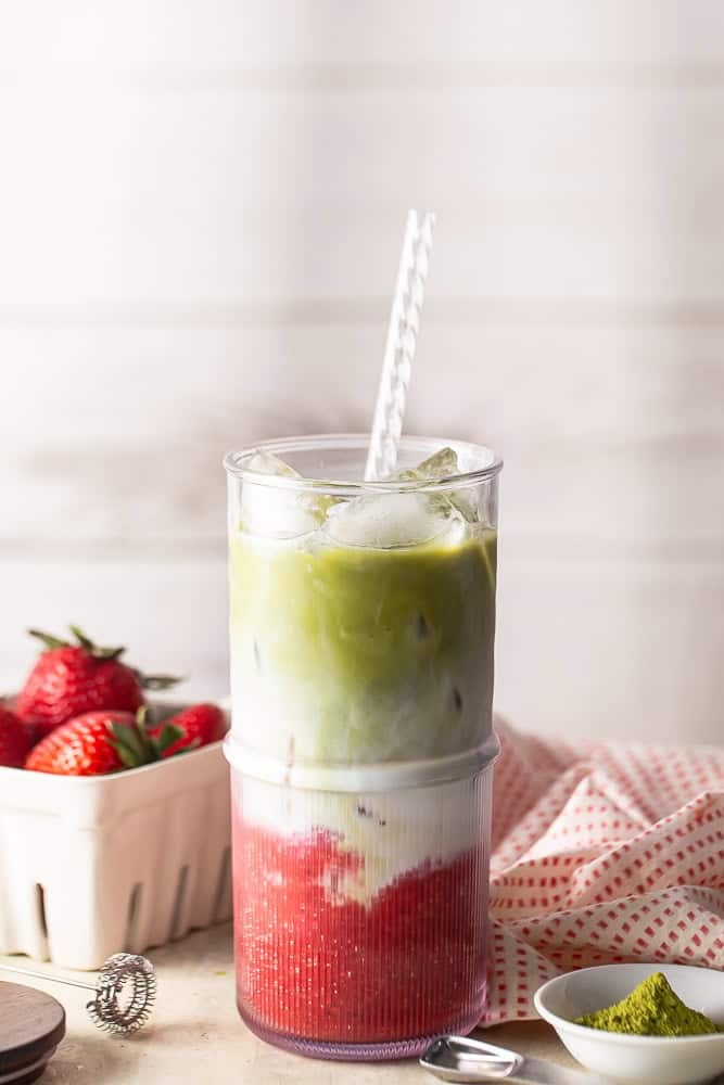 Matcha latte with strawberry puree.