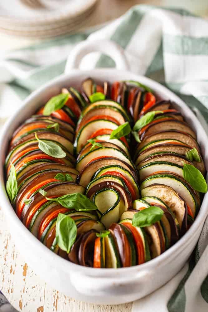 Ratatouille in a white serving dish.