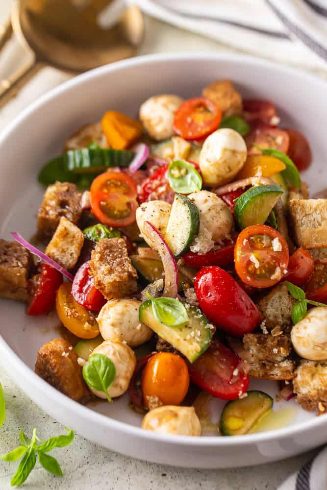 Panzanella salad in a white bowl