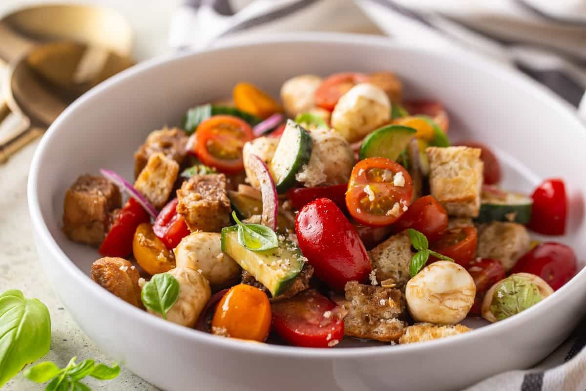 Panzanella salad after being mixed together
