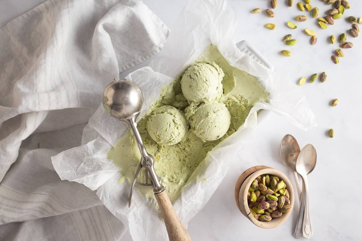 No churn pistachio ice cream after being scooped