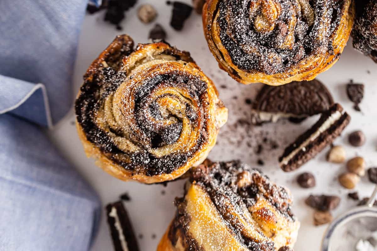 An overview shot of a cookie croissant.
