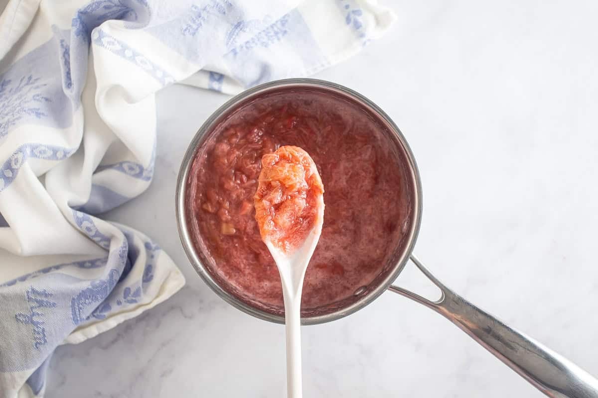 Rhubarb curd after being cooked down.
