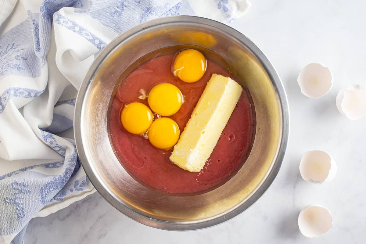 Base for rhubarb curd with butter and egg yolks added.
