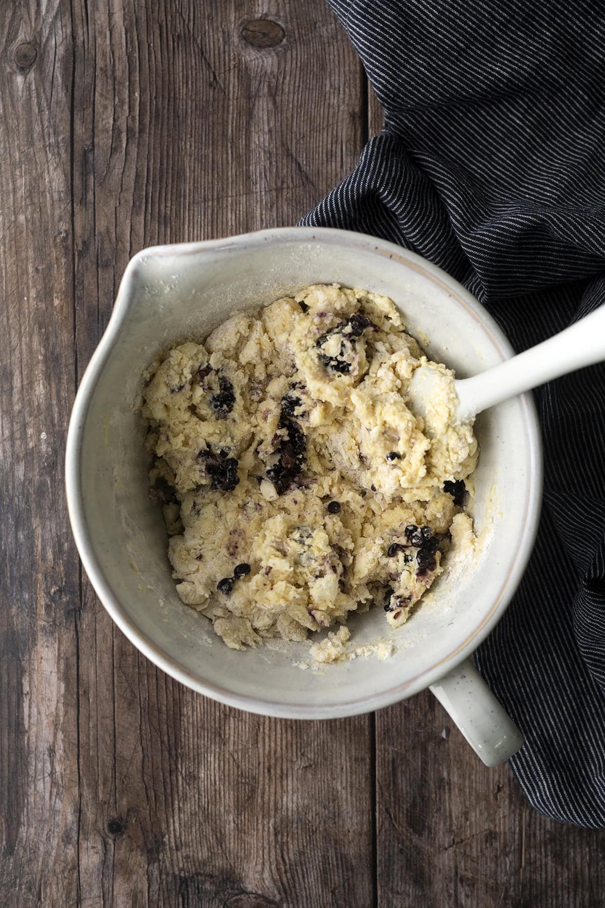 Blackberries and wet ingredients added to dry
