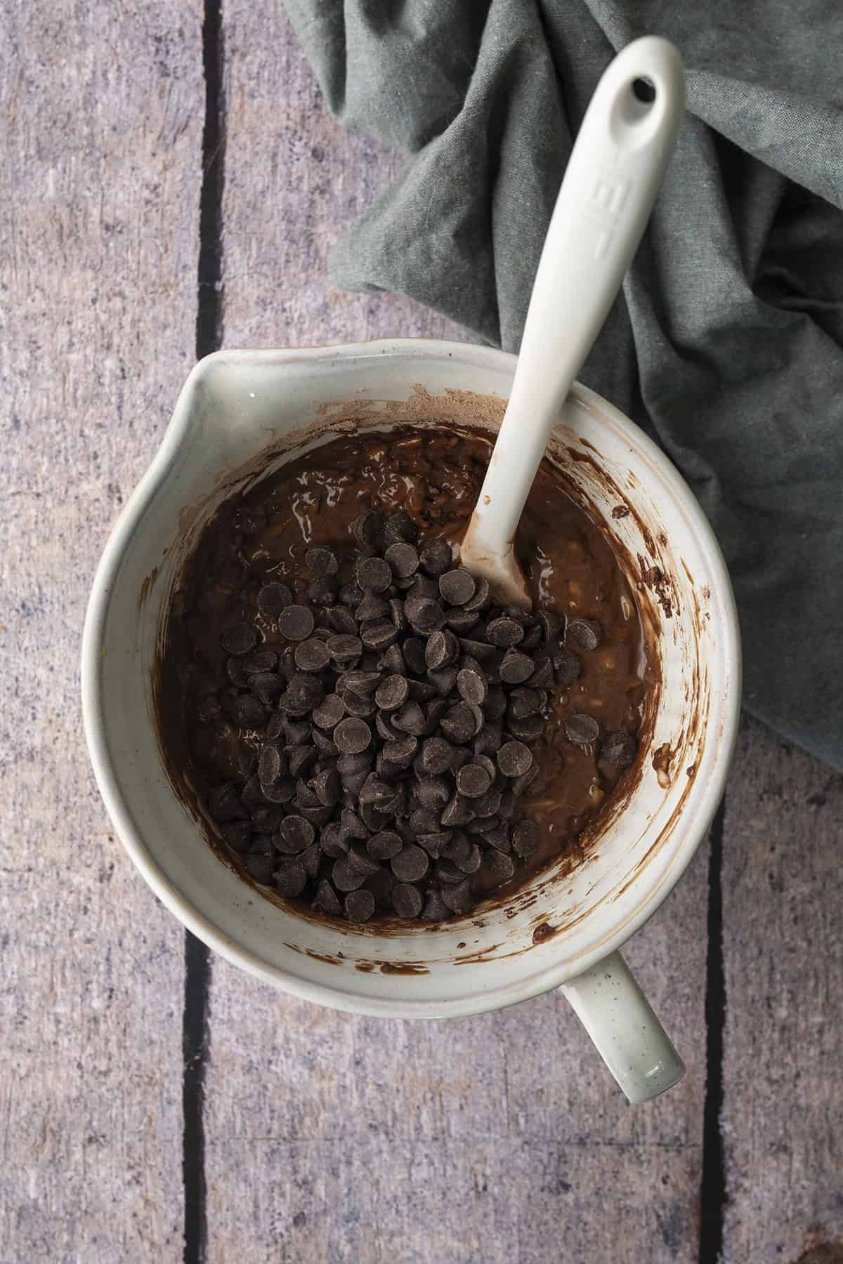 Dry ingredients and chocolate added to batter